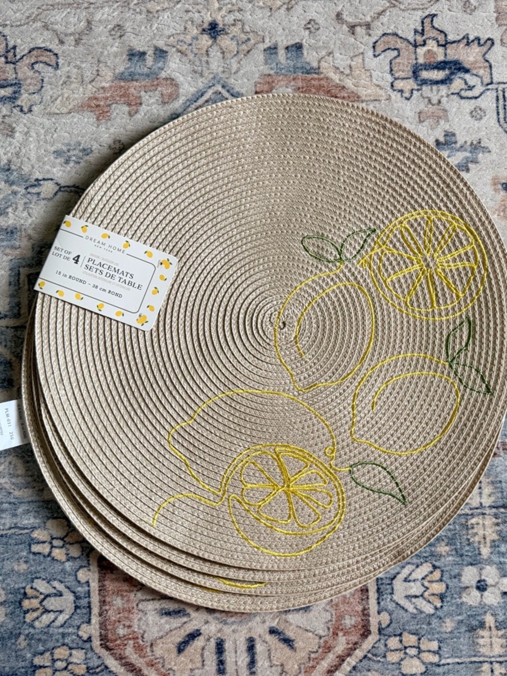 Lemon Embroidered Round Placemats - Natural and Yellow (Set of 4)